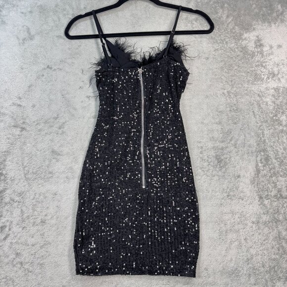 Sequins Mini Dress Black Feather Trim Glam Party Coquette Party Y2K Stretch Sz S - Picture 5 of 12